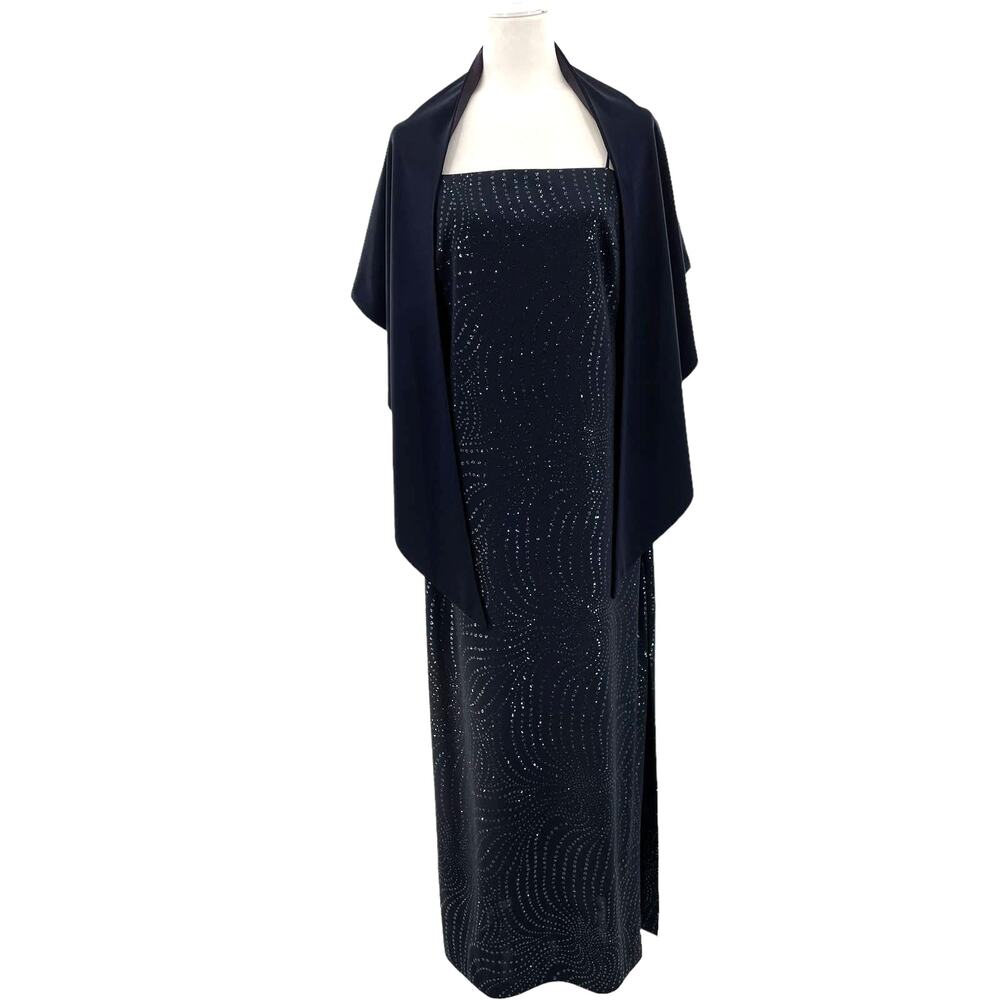 Vintage Arianna by Rachel Kay Navy Blue Rhinestone Formal Shawl Maxi Dress 12P